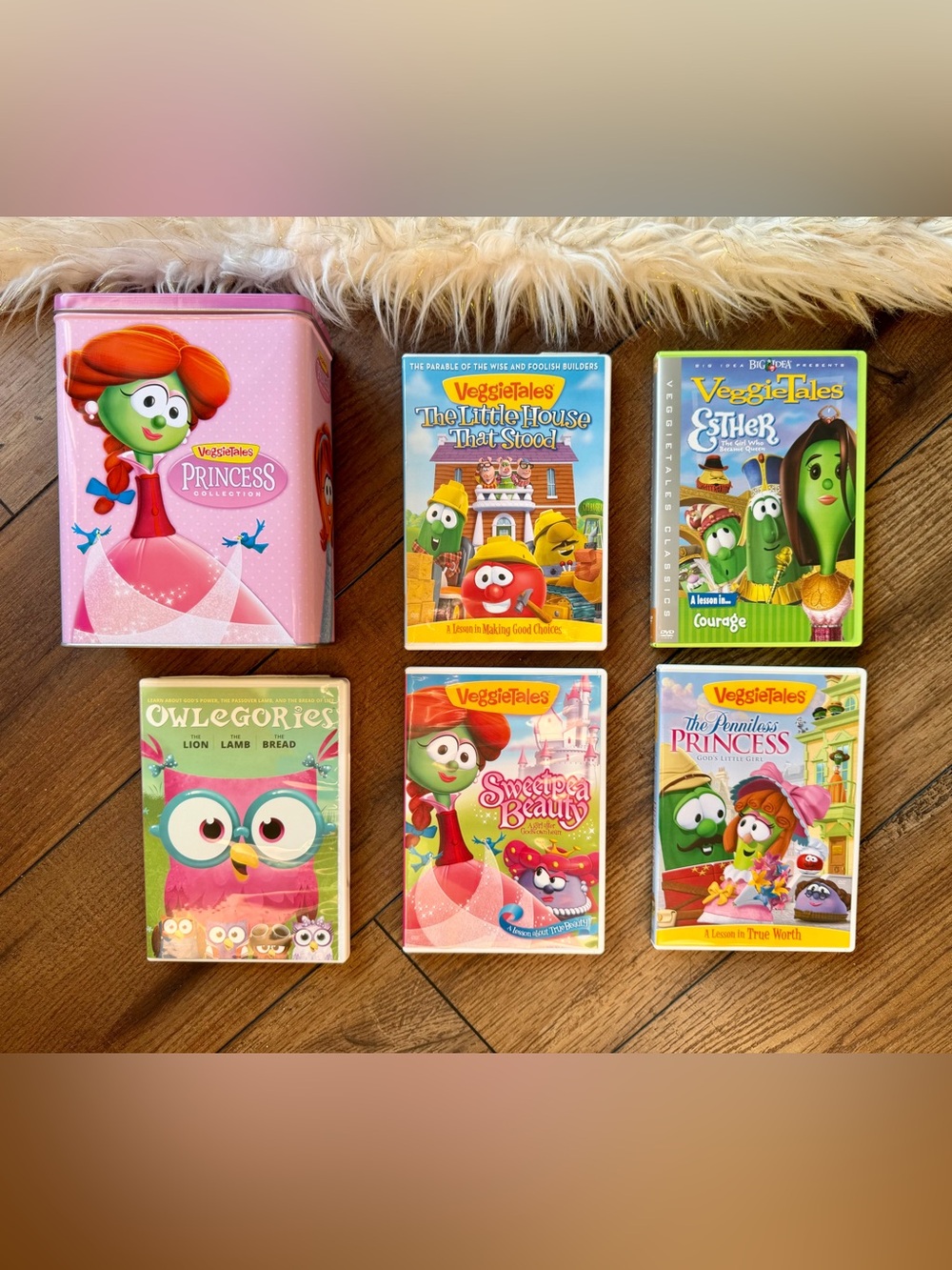 Veggie Tales DVD 4-Disc Set Collectible Pink Tin Bundle Lot